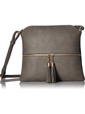 Women's Grey Faux Leather Tassel Fringe Adjustable Strap Crossbody Bag